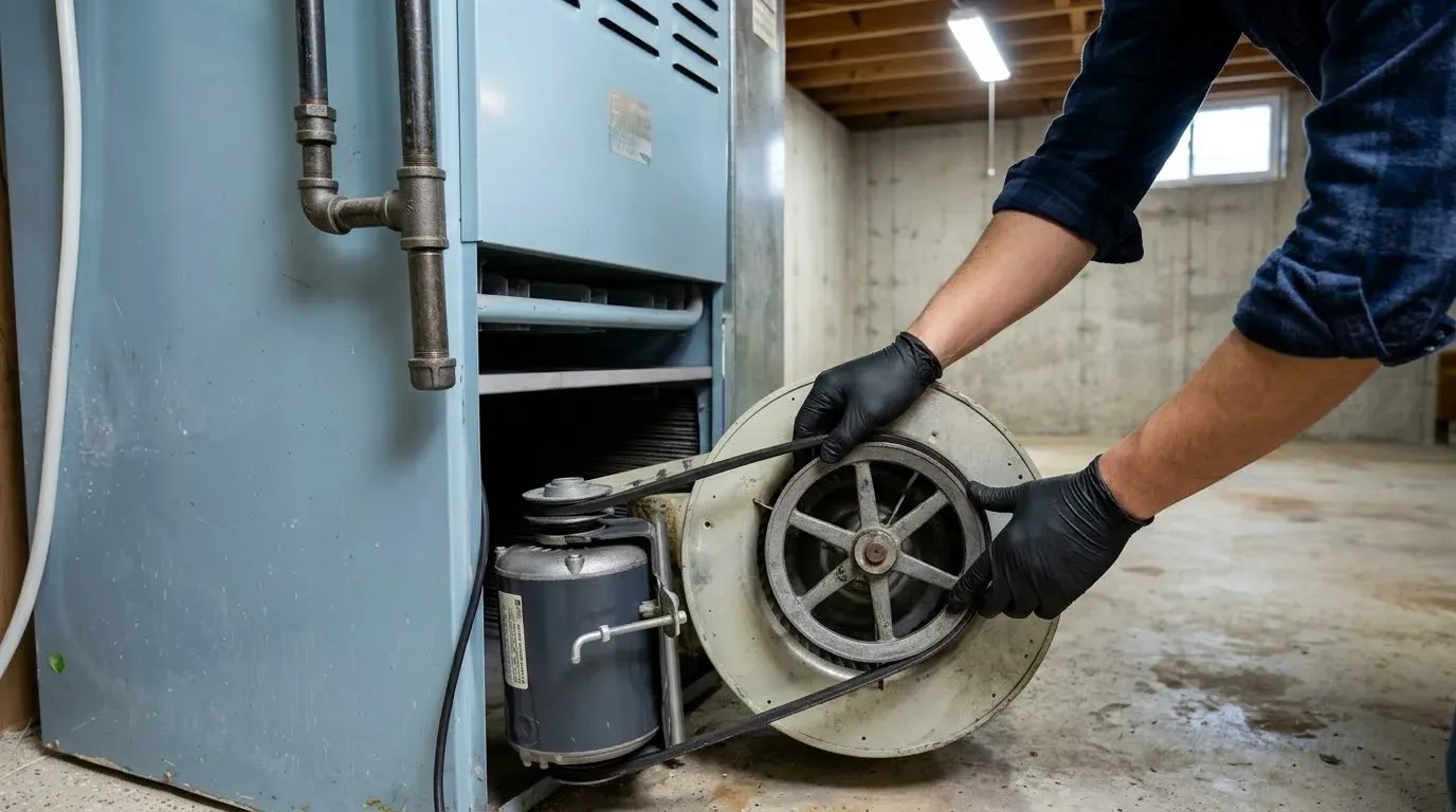 Gloved hands fitting a black V-belt onto the large pulley of a belt-drive blower beside an older pale blue furnace, the motor and its small pulley below