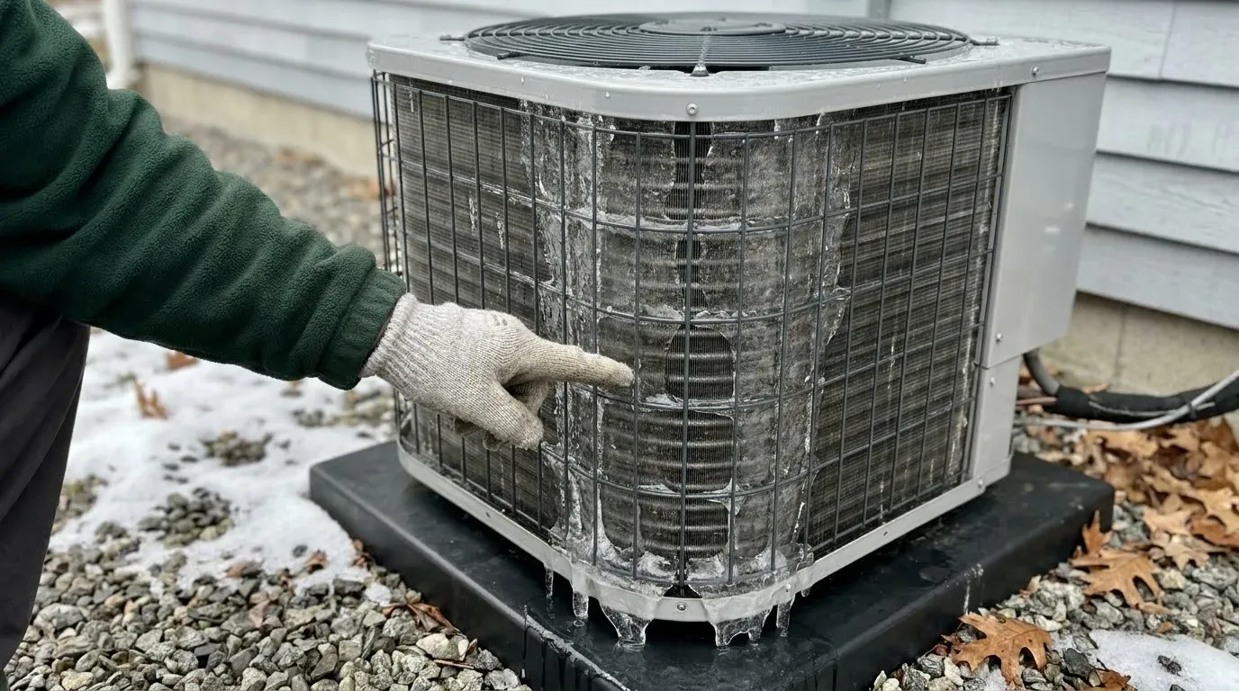 A heat pump outdoor unit with its coil sealed under a crust of glassy grey ice behind the wire grille, icicles hanging from the base, a gloved hand pointing at the ice