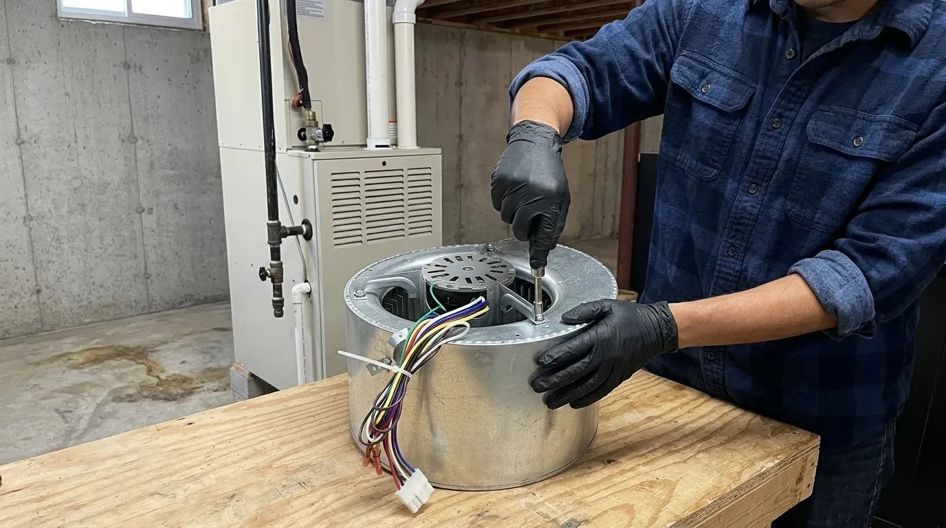 Gloved hands tightening a motor mounting bolt on a furnace blower assembly set on a plywood workbench in a basement, its colored motor wires hanging out
