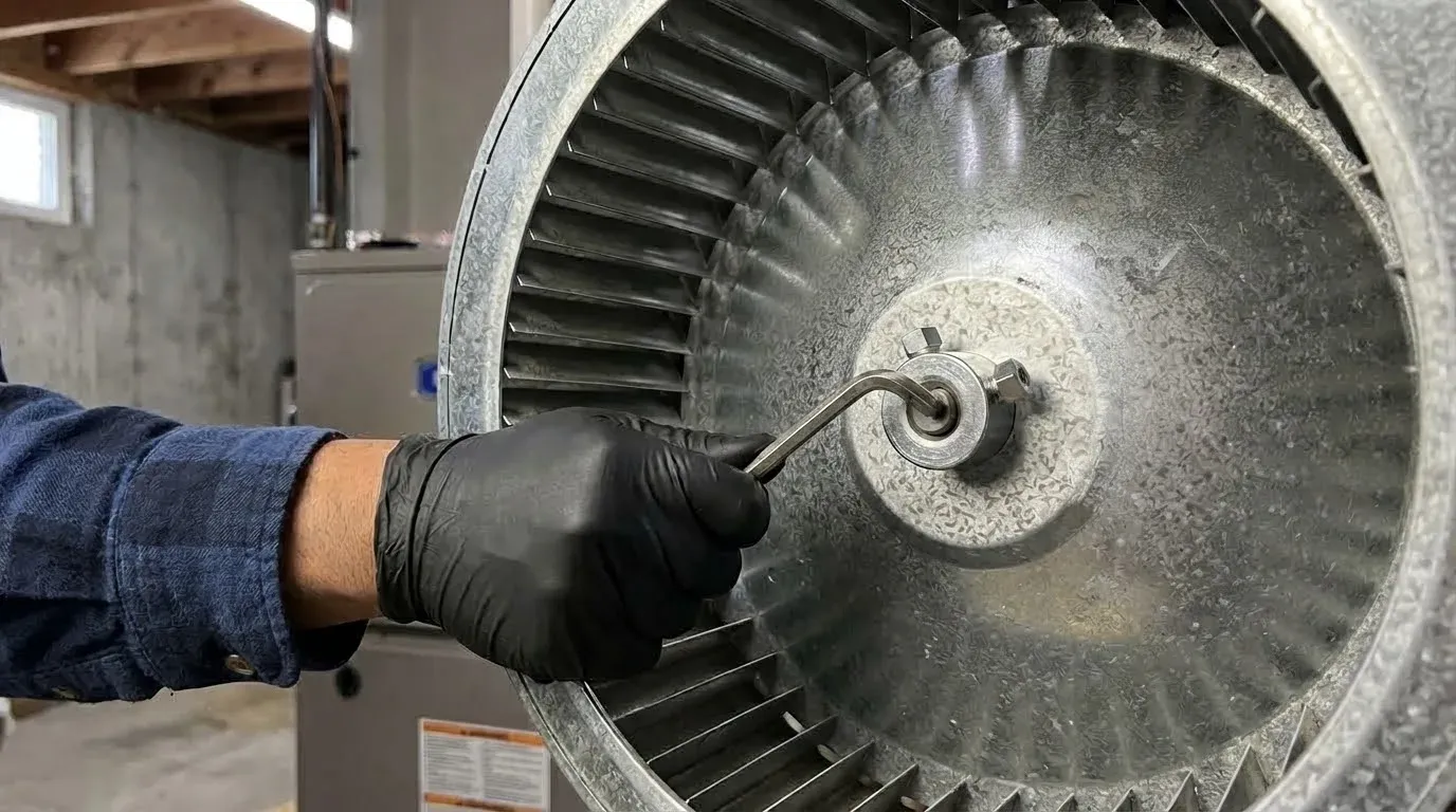 A gloved hand turning a hex key in the set screw on the hub of a furnace blower wheel, the curved blades around it