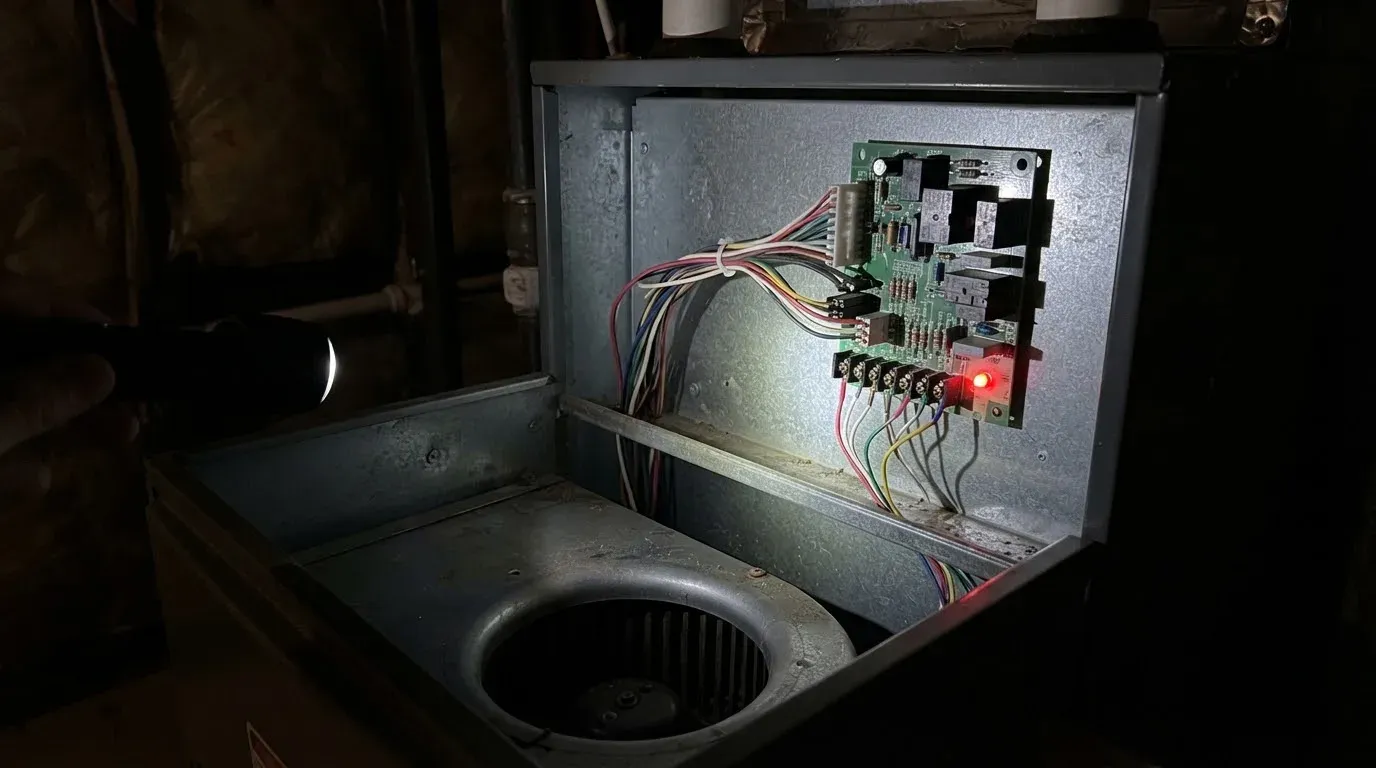 A green furnace control board in the open lower compartment, lit by a flashlight, a small red status LED glowing beside the thermostat wire terminals