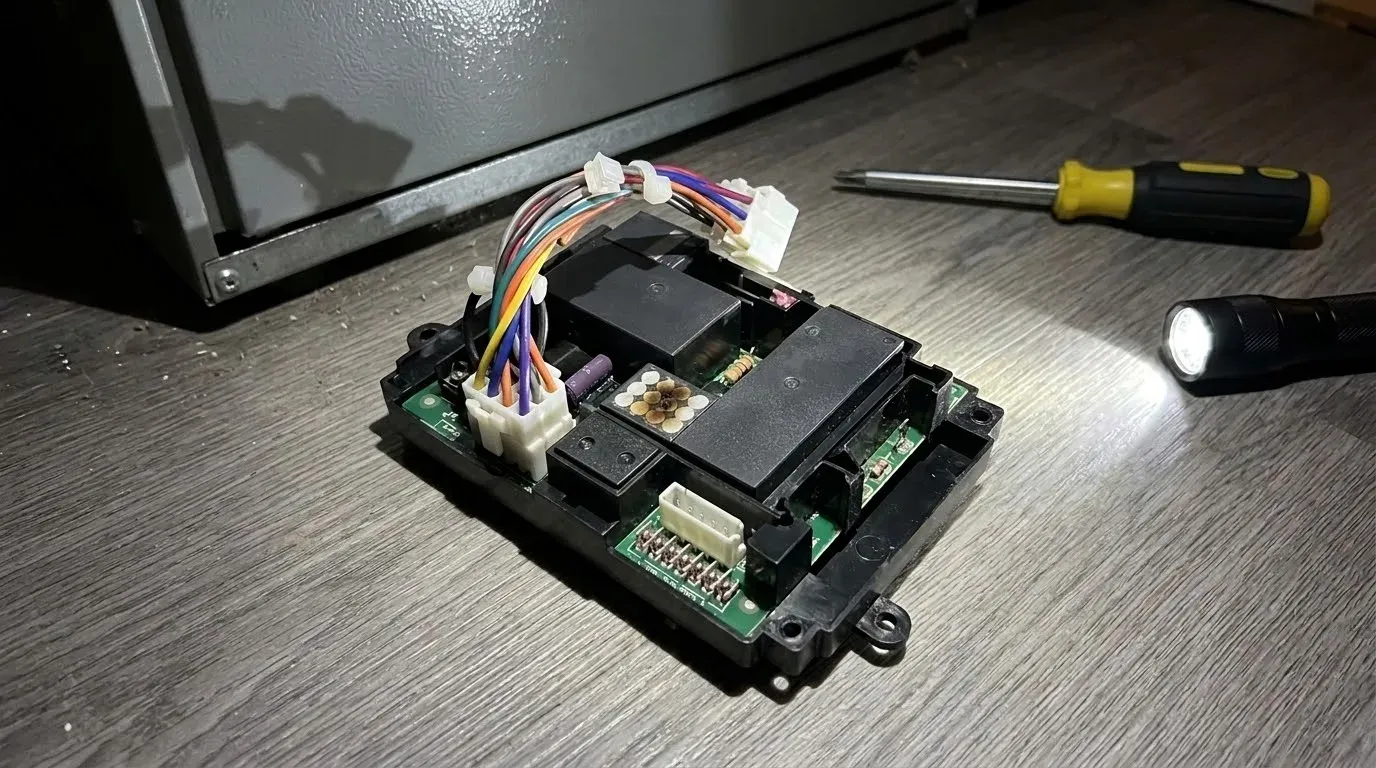 A furnace control board removed from the furnace and set on a vinyl floor beside a screwdriver and a flashlight, its wiring harness still plugged in