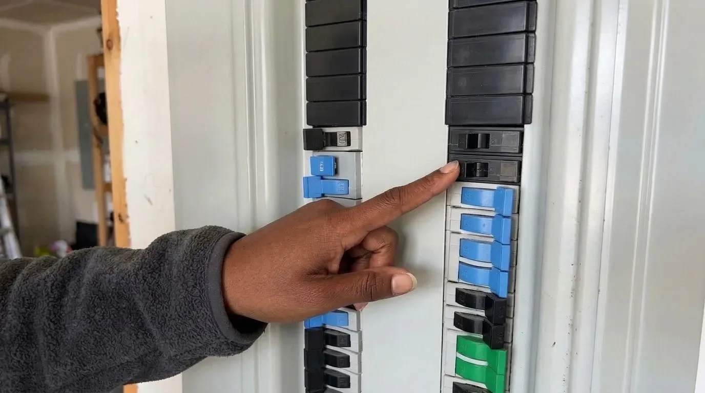 A fingertip on a black breaker in a home electrical panel with black, blue and green breakers on a light grey front