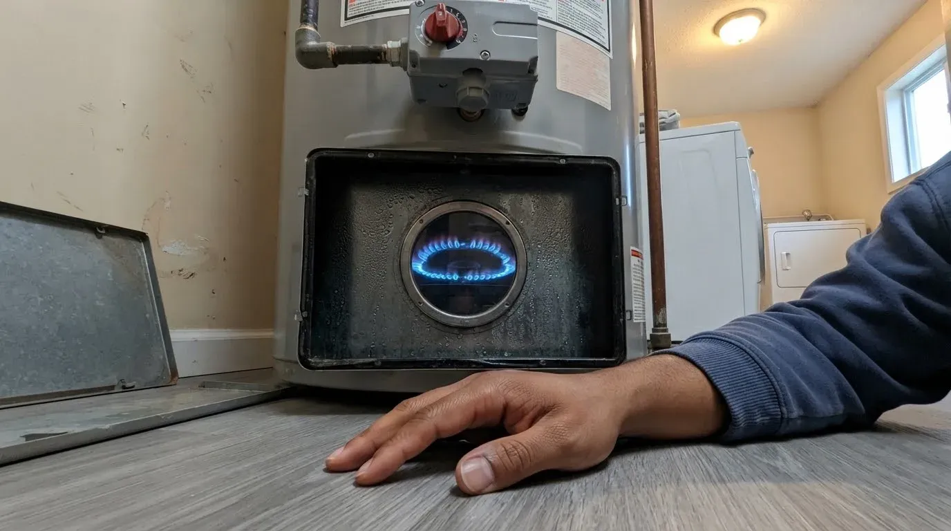 The blue burner flame of a gas water heater seen through the round sight glass of its closed inner door, with drops of condensation on the door