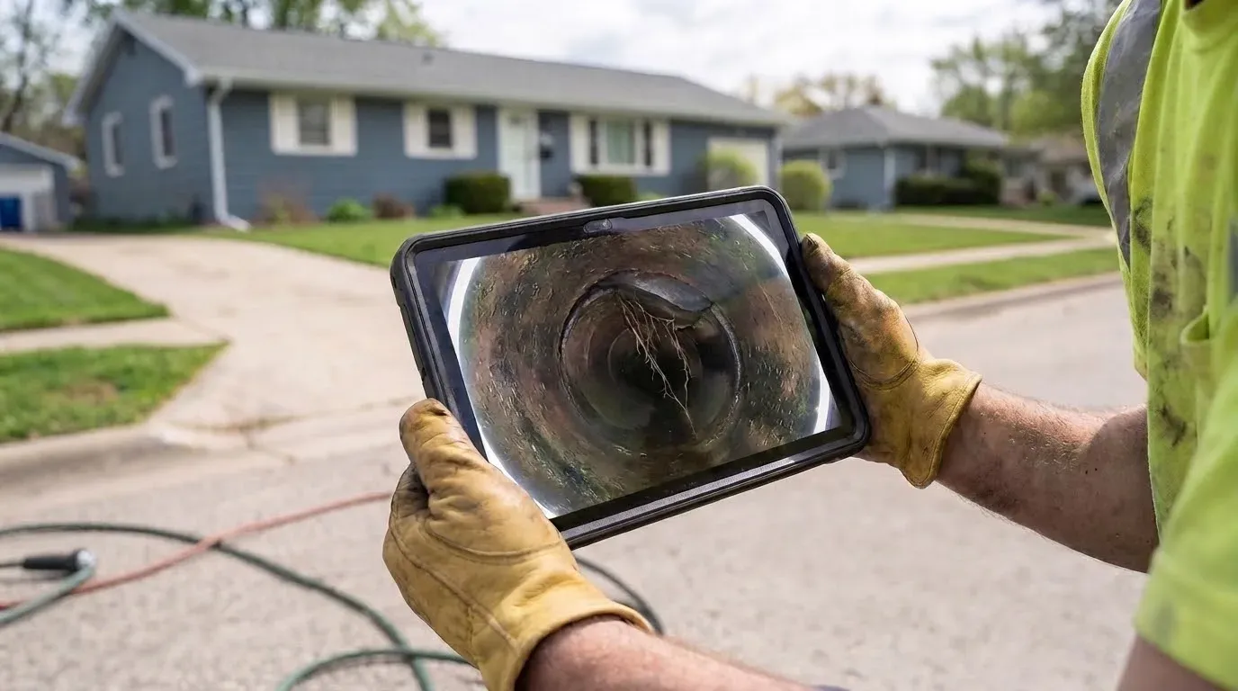 Gloved hands holding a sewer inspection camera monitor that shows roots hanging into an old pipe, a house and lawn behind