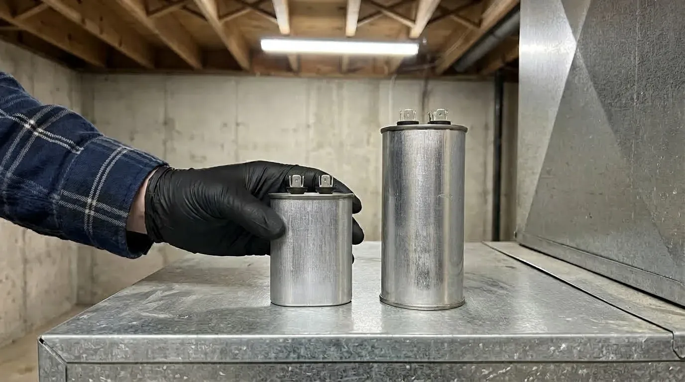A gloved hand resting on a small oval run capacitor beside a taller round one, both standing on galvanized sheet metal in a basement