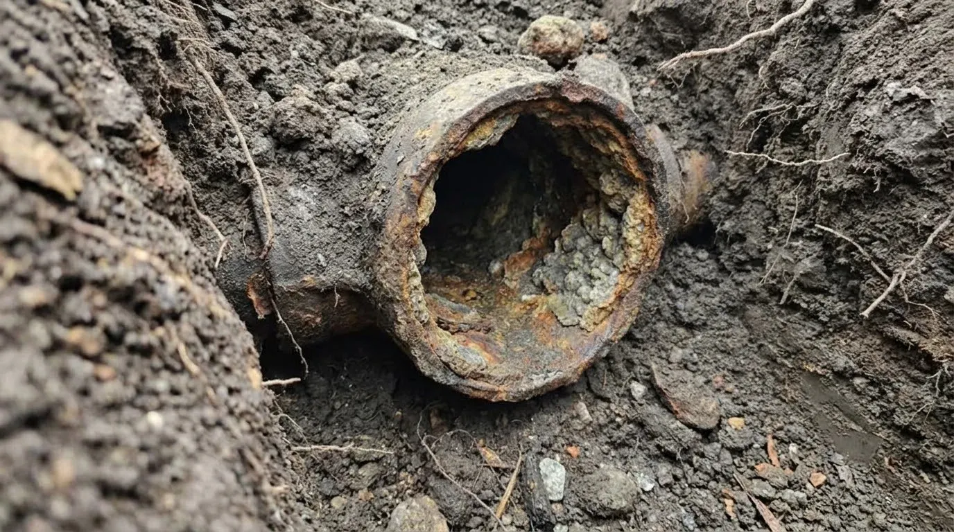 The open end of an old cast iron sewer pipe in a dirt hole, its inside thick with rust and scale