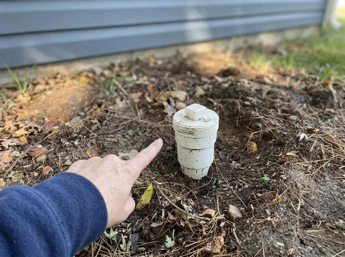 A finger pointing at a capped white PVC sewer cleanout sticking out of the mulch beside a house