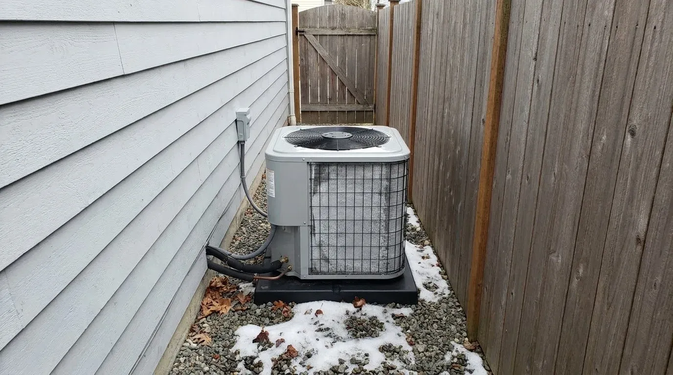 A heat pump outdoor unit squeezed into a narrow side yard between a grey clapboard wall and a wooden privacy fence, a light frost on its coil and a closed gate behind
