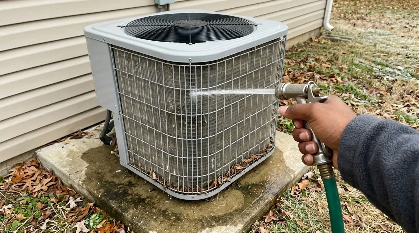 A garden hose nozzle sending a gentle stream of water onto the dusty coil of a heat pump outdoor unit beside tan siding
