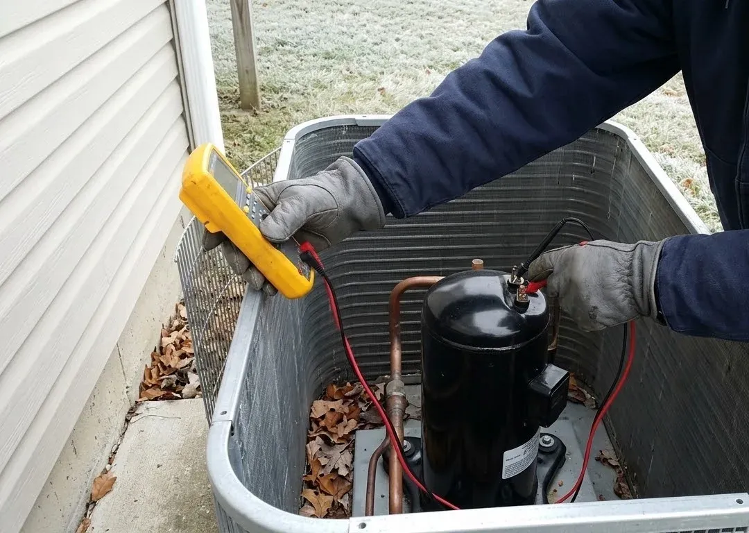A technician holding multimeter leads on the terminals of a heat pump compressor, the top of the unit removed, the meter in the other hand