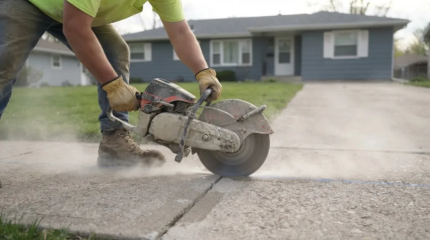 A worker in a hi-vis shirt cutting through a concrete sidewalk with a gas-powered saw, dust rising, a blue-grey house behind