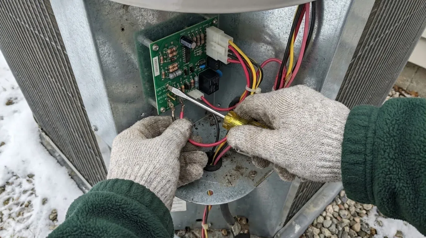 Two gloved hands inside the open service panel of a heat pump, a yellow-handled screwdriver touching the test pins of the green defrost control board