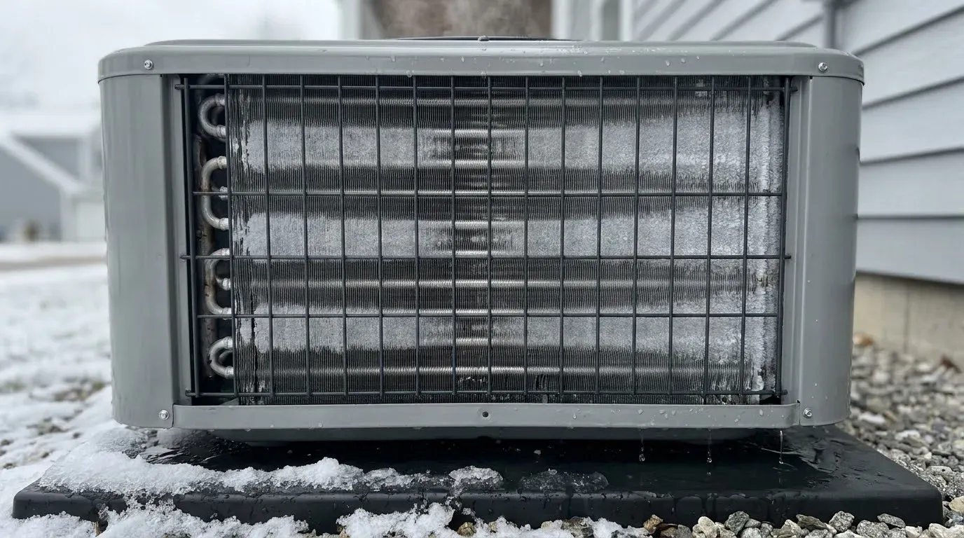 A heat pump coil halfway through a defrost cycle, frost still caught in the fins between dark wet bands where it has melted along the tubes, water dripping onto the pad