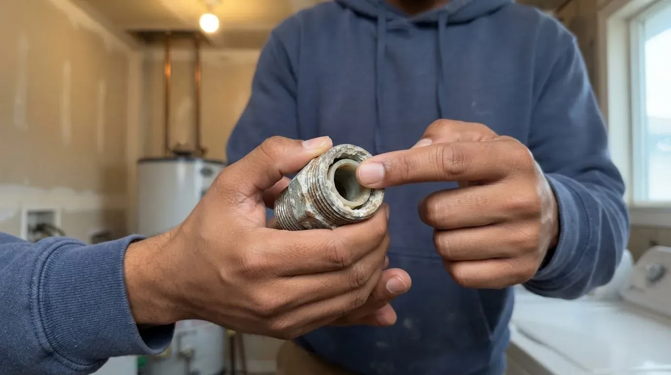 Two hands holding a corroded dielectric nipple removed from a water heater, a finger pointing at the plastic liner that narrows its bore
