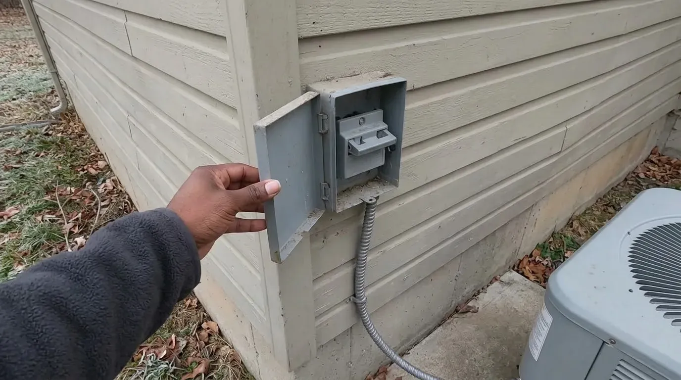 A hand holding open the cover of a grey disconnect box on tan siding, its pull-out block inside, the heat pump just below