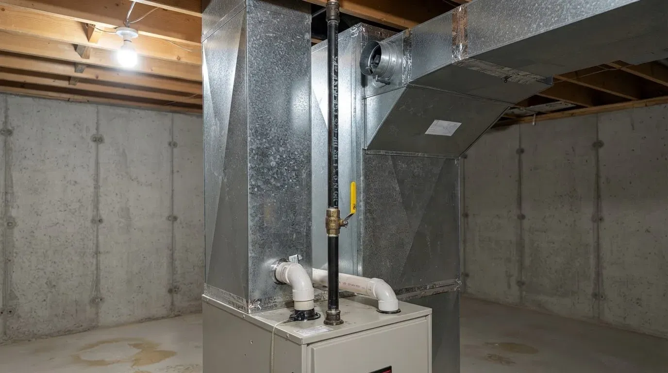 The galvanized sheet metal plenum and trunk duct rising from a basement furnace along the joists, a black gas pipe with a yellow-handled shutoff beside it
