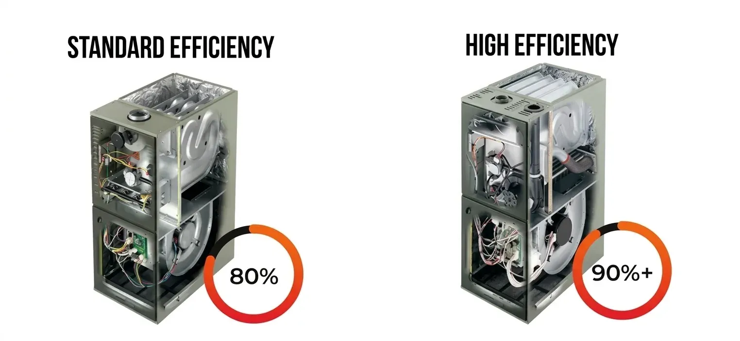 Side-by-side cutaways of a standard 80 percent efficiency furnace and a high-efficiency 90 percent plus furnace
