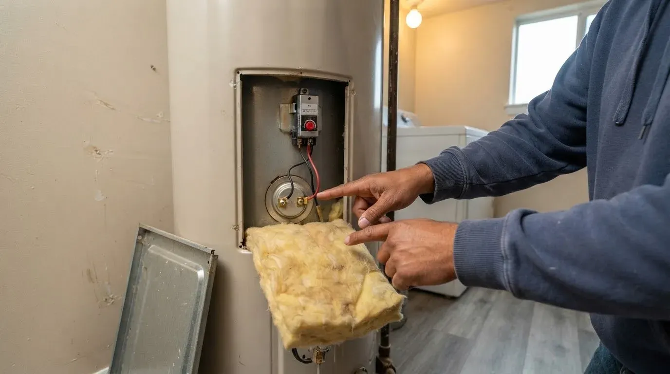 An electric water heater with its access panel off and the insulation folded down, a hand pointing at the round heating element head and the thermostat above it