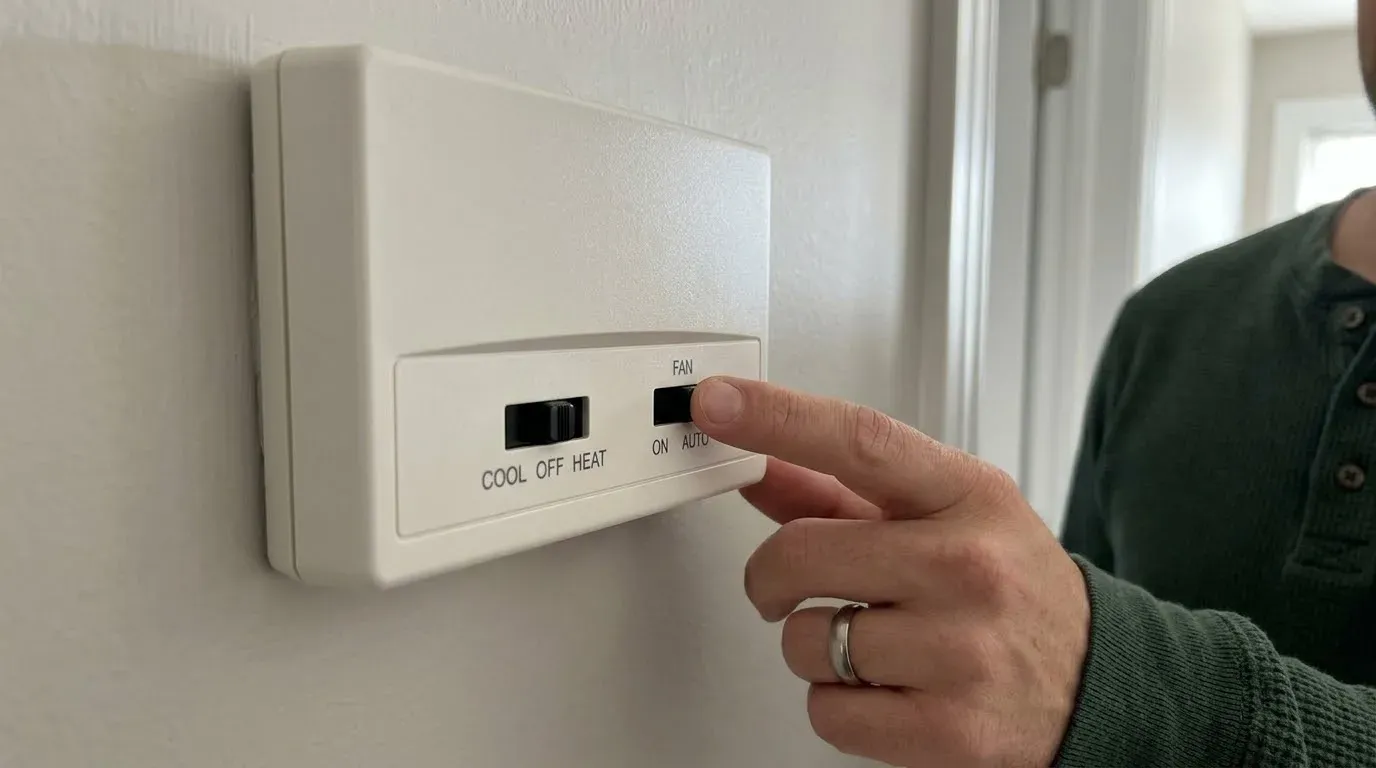 A finger on the fan switch of a wall thermostat, labeled ON and AUTO, beside the COOL OFF HEAT switch