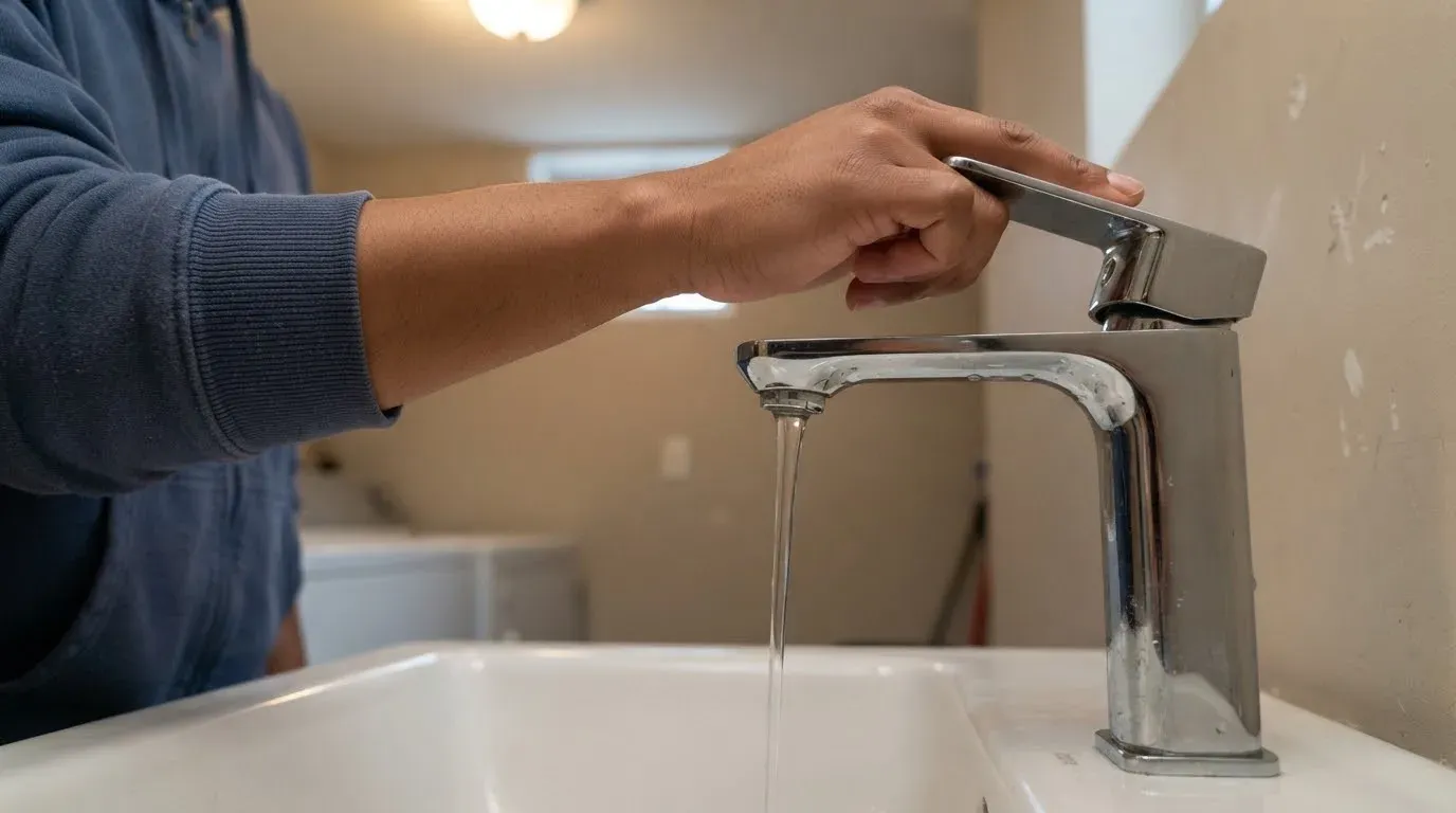 A hand closing the lever of a chrome bathroom faucet, a thin straight stream of water still falling into the sink