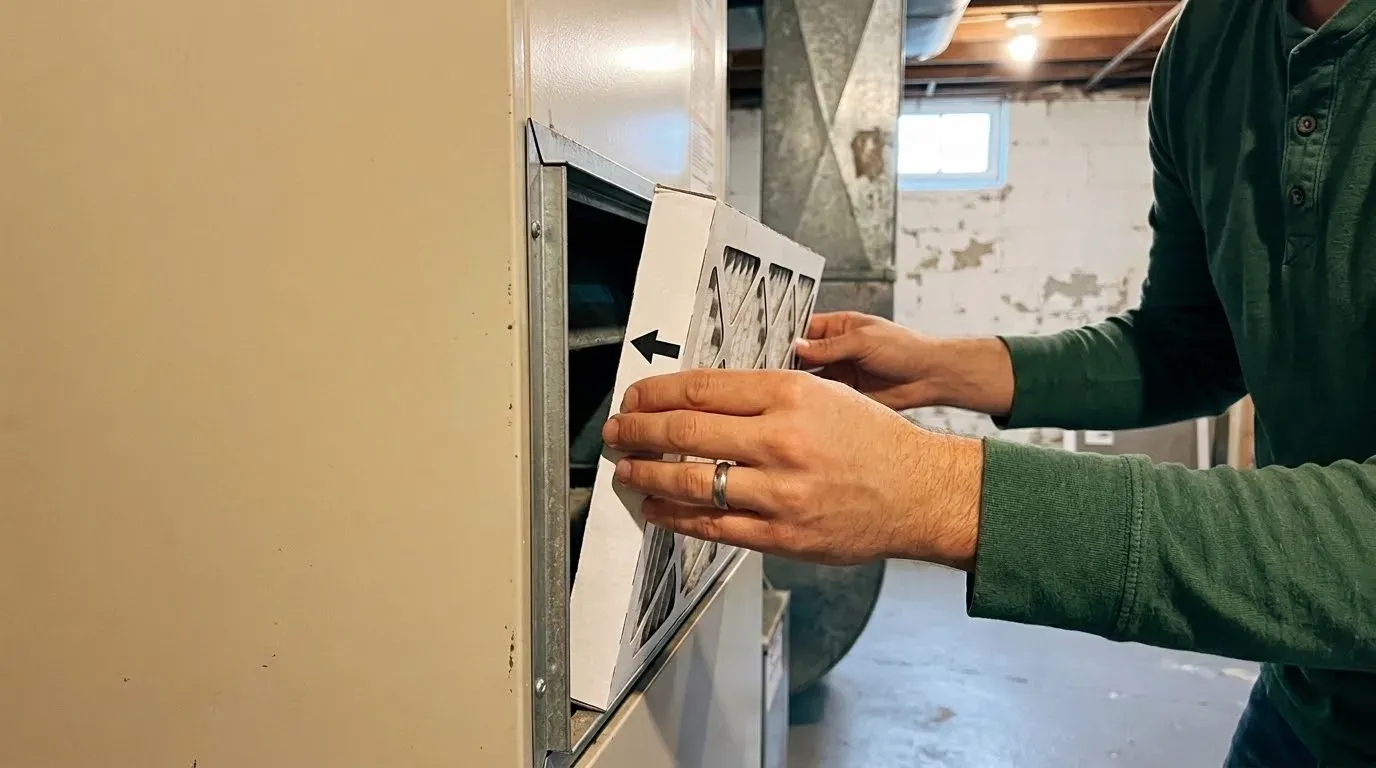 Two hands sliding a pleated filter into the filter slot beside a furnace, the airflow arrow on its frame pointing into the furnace