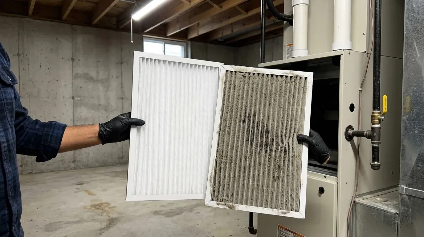 Two gloved hands holding a clean white pleated furnace filter next to one clogged with grey dust, in front of the open filter slot of a basement furnace