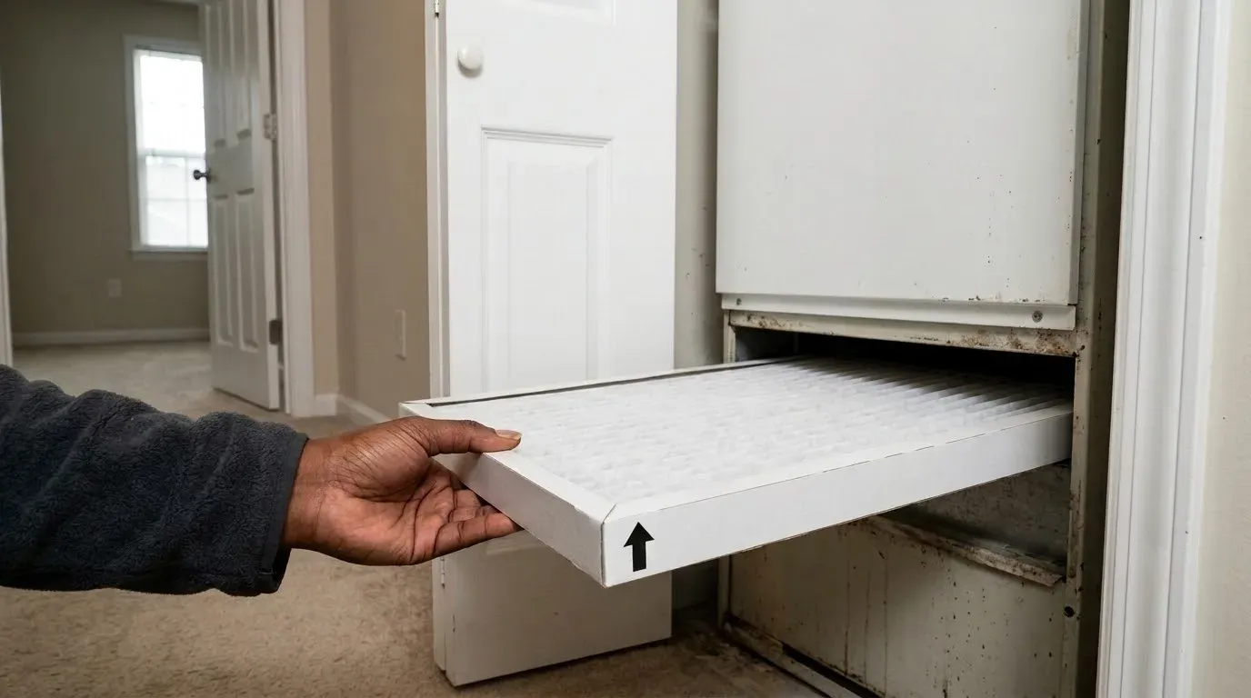 A hand sliding a new pleated filter into the slot at the bottom of an air handler in a hallway closet, an arrow on its frame pointing up