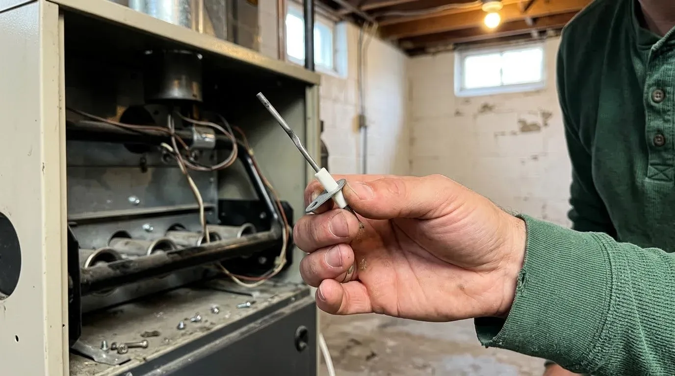 Fingers holding a furnace flame sensor, a thin bent metal rod on a white ceramic base, in front of the open burner compartment