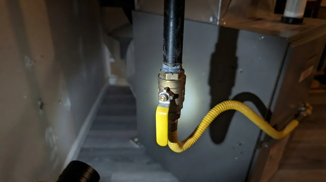 A brass gas shutoff valve on the black gas pipe beside a grey furnace, its yellow handle pointing down along the pipe, a yellow flexible connector running into the furnace