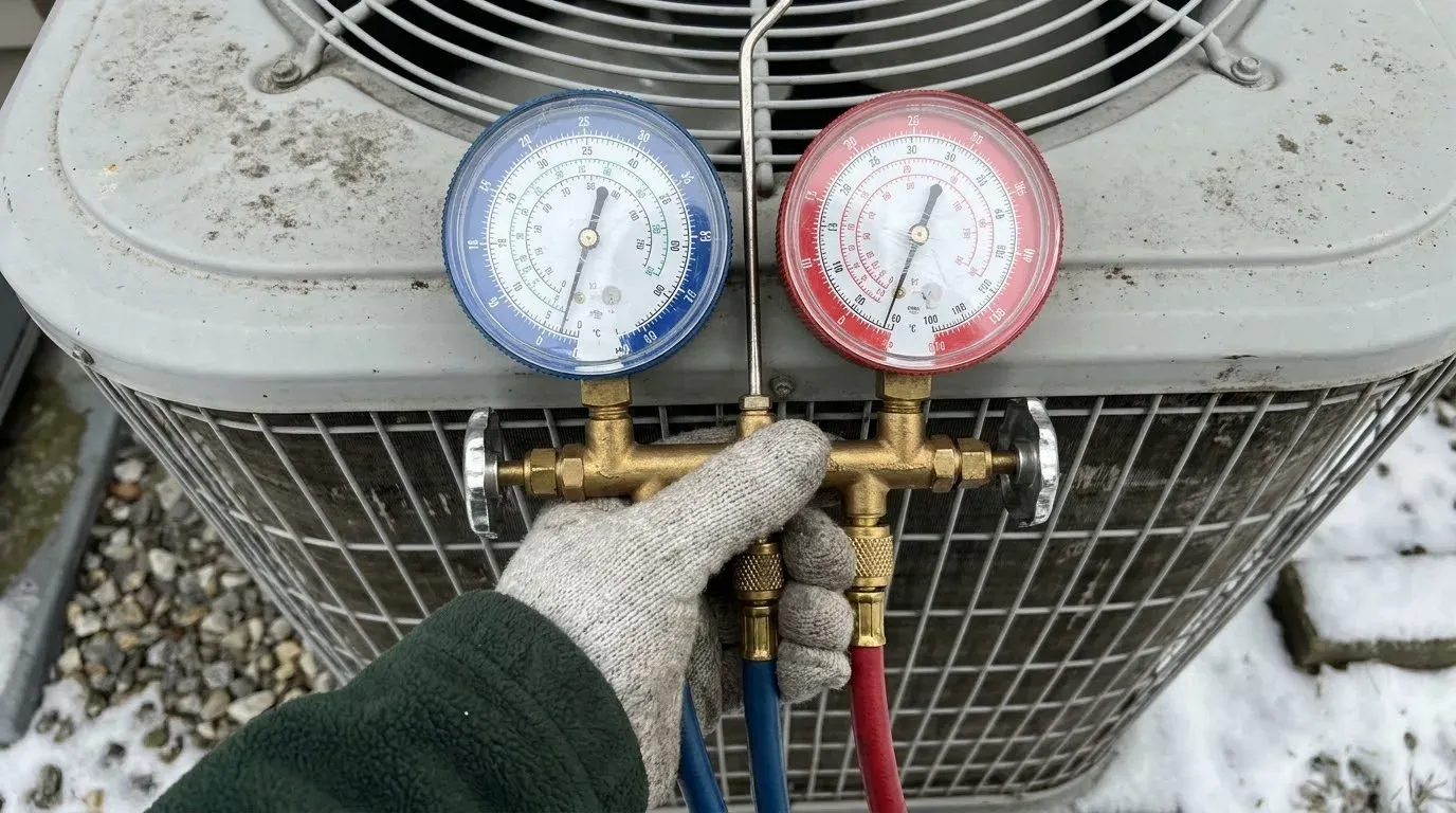 A gloved hand holding a refrigerant manifold with a blue low-pressure and a red high-pressure gauge against the top of a heat pump outdoor unit