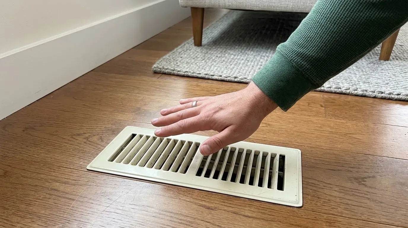 A hand held over a floor supply register to feel the air coming out