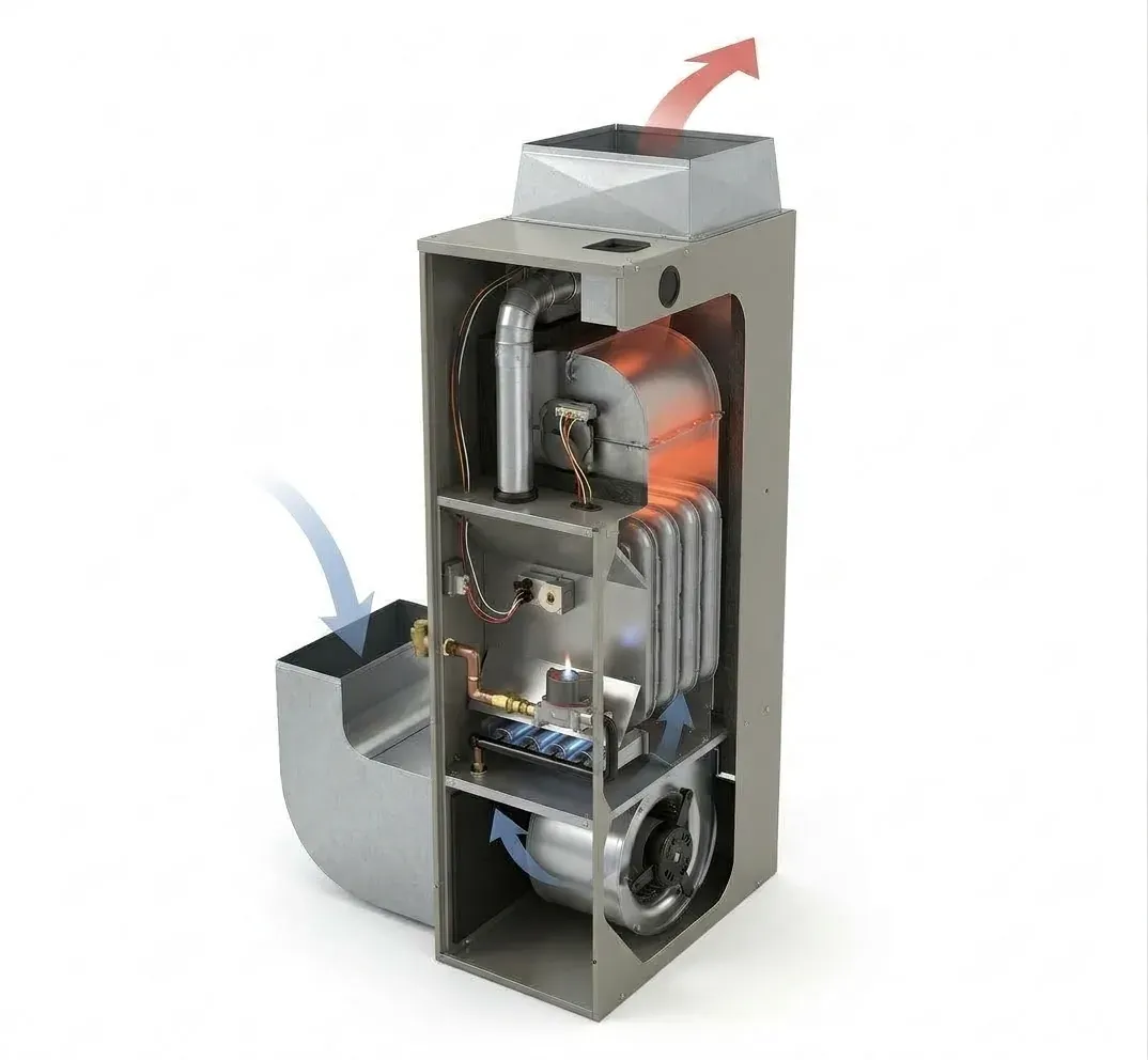 Cutaway render of a gas furnace showing the steel heat exchanger, burners and blower, with airflow arrows
