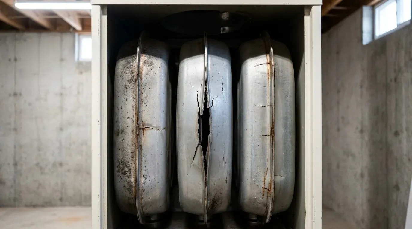Three steel heat exchanger sections inside an open furnace, the middle one split by a long jagged crack, rust and soot on the metal