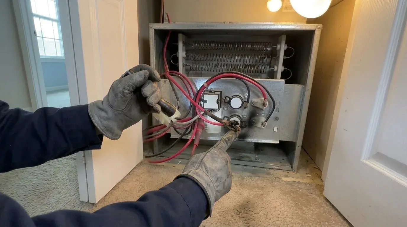 Gloved hands at the open heat strip section of an air handler, one pointing at a charred, melted connector beside the limit switches and the sequencer
