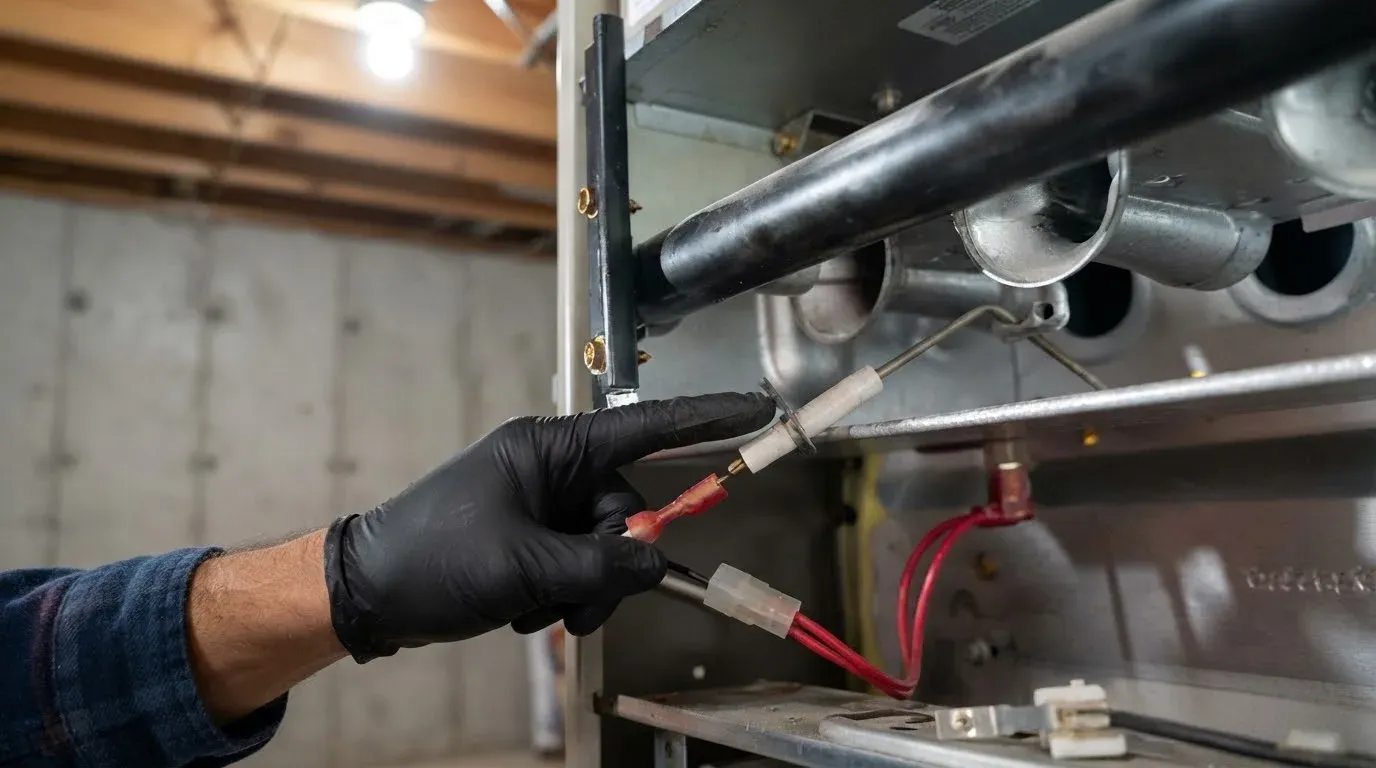 A gloved hand holding the wire leads of a white ceramic hot surface ignitor mounted beside a row of gas burners inside a furnace