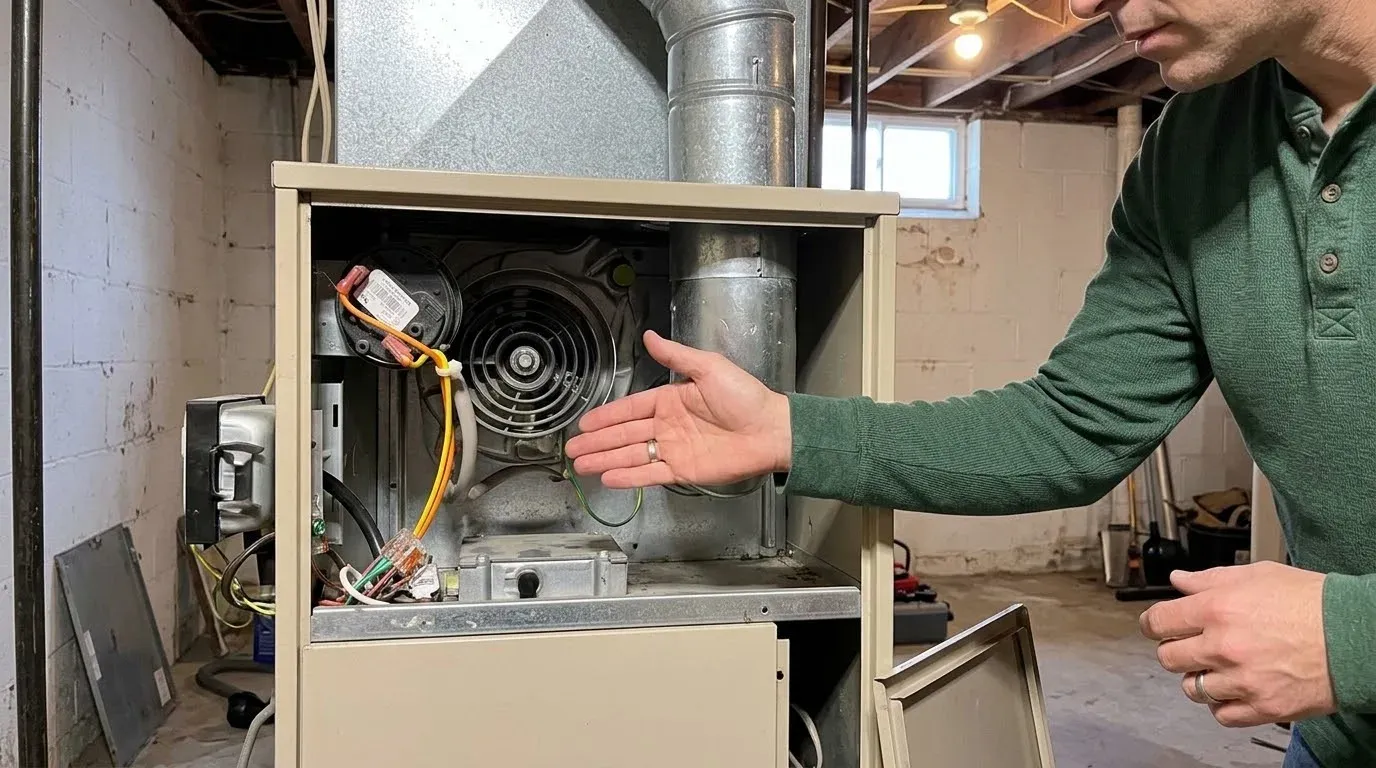 A homeowner pointing at the round draft inducer inside an open furnace, its pressure switch and wires beside it