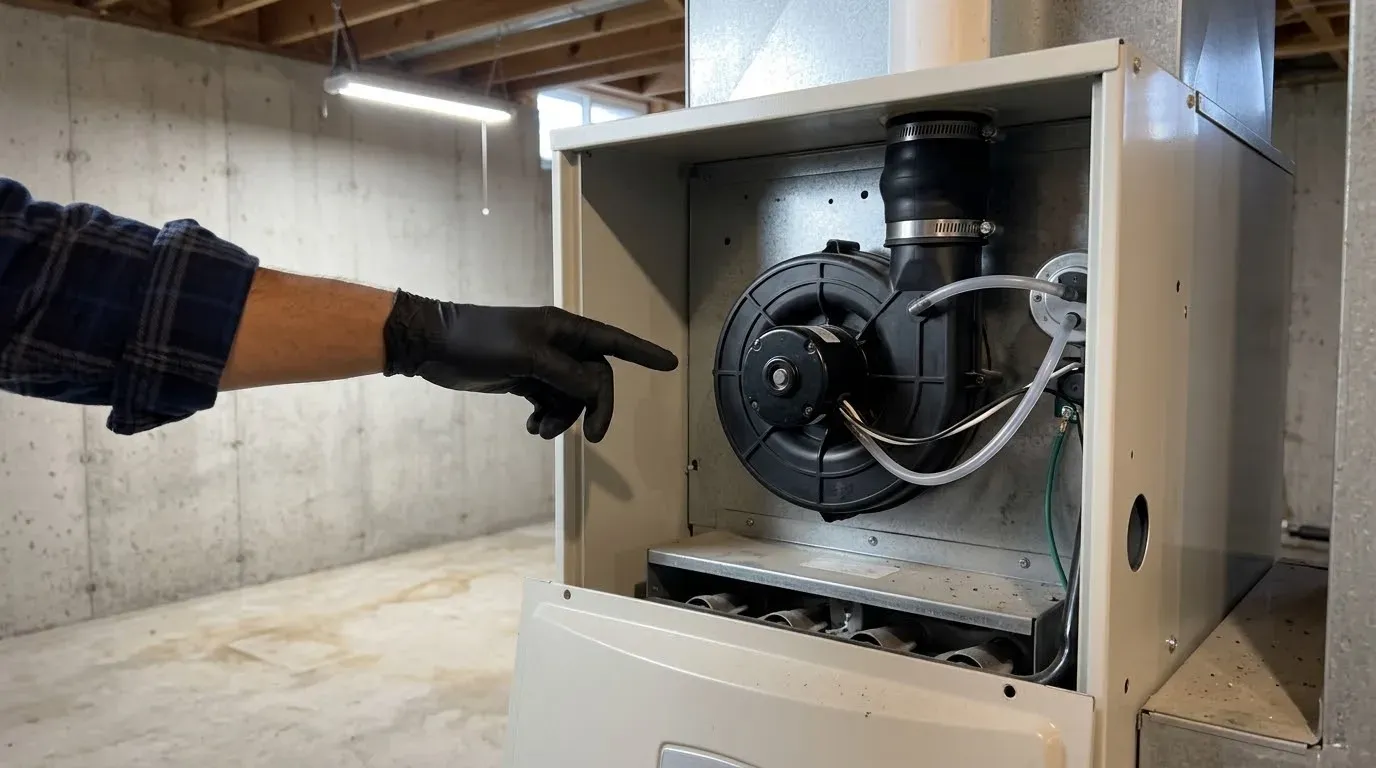 A gloved hand pointing at the round black draft inducer inside the open upper compartment of a gas furnace, a white vent pipe rising from it and a clear rubber hose to the pressure switch