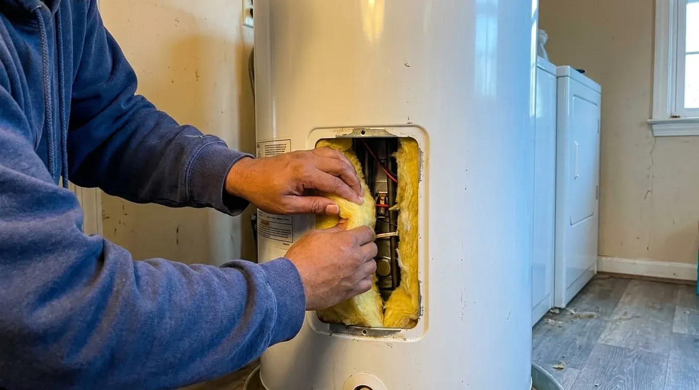 Two hands pressing a pad of yellow fiberglass insulation back into the open access panel of an electric water heater