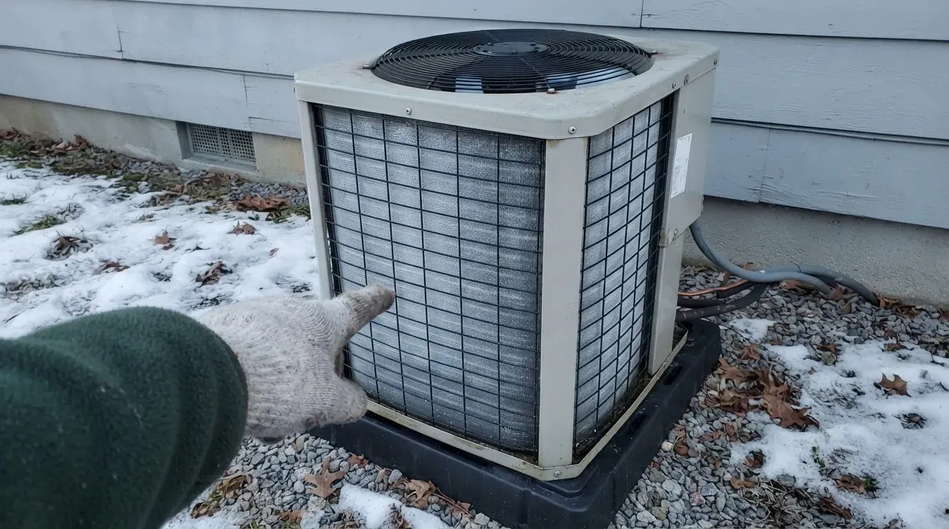 A grey heat pump outdoor unit on a black pad in a snowy gravel bed, its coil covered in a thin even frost with the fins showing through, a gloved hand pointing at it