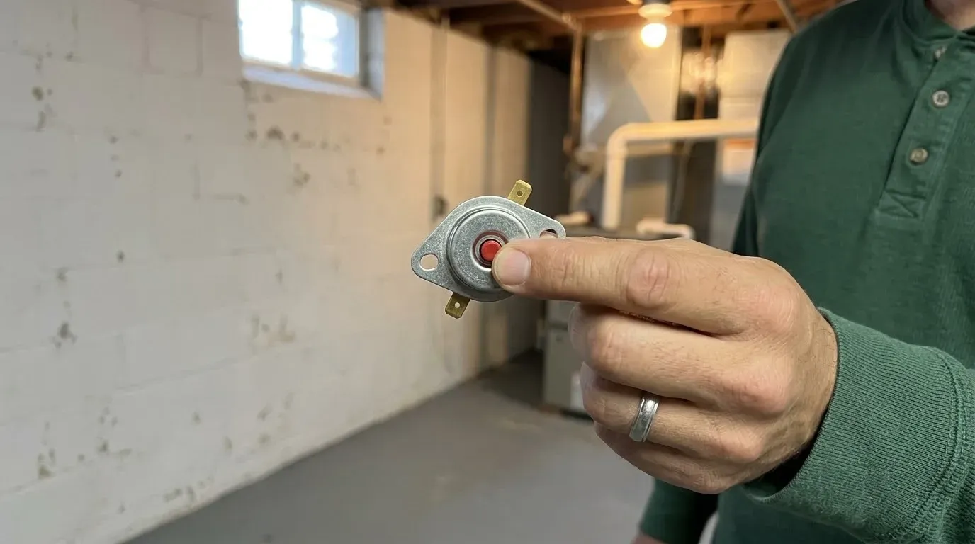 Fingers holding a small round furnace limit switch, the thumb on its red reset button, two spade terminals on the back