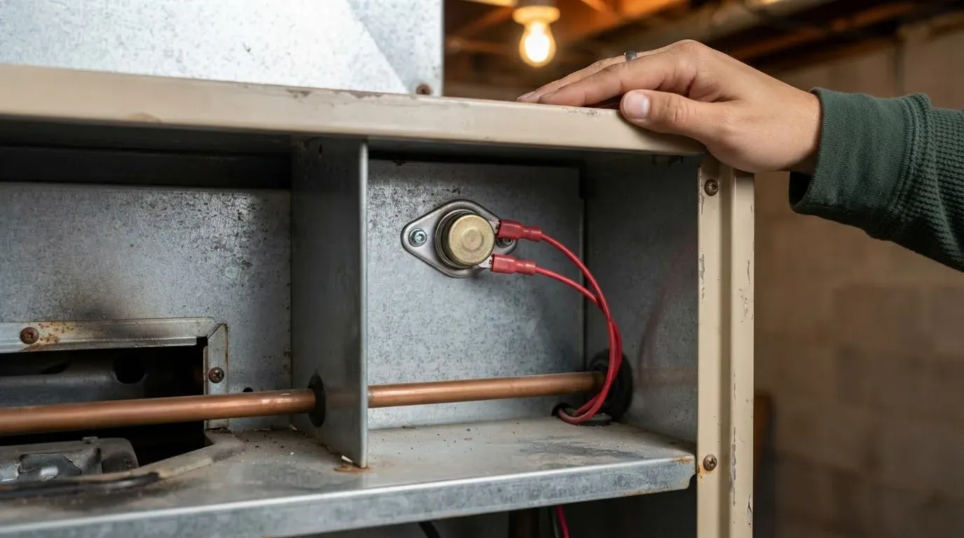 A high-limit switch on the sheet metal wall inside an open furnace, two red wires on its terminals, a hand resting on the cabinet edge