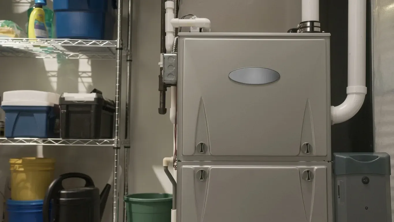 A modern high-efficiency gas furnace in a basement with white PVC intake and exhaust pipes