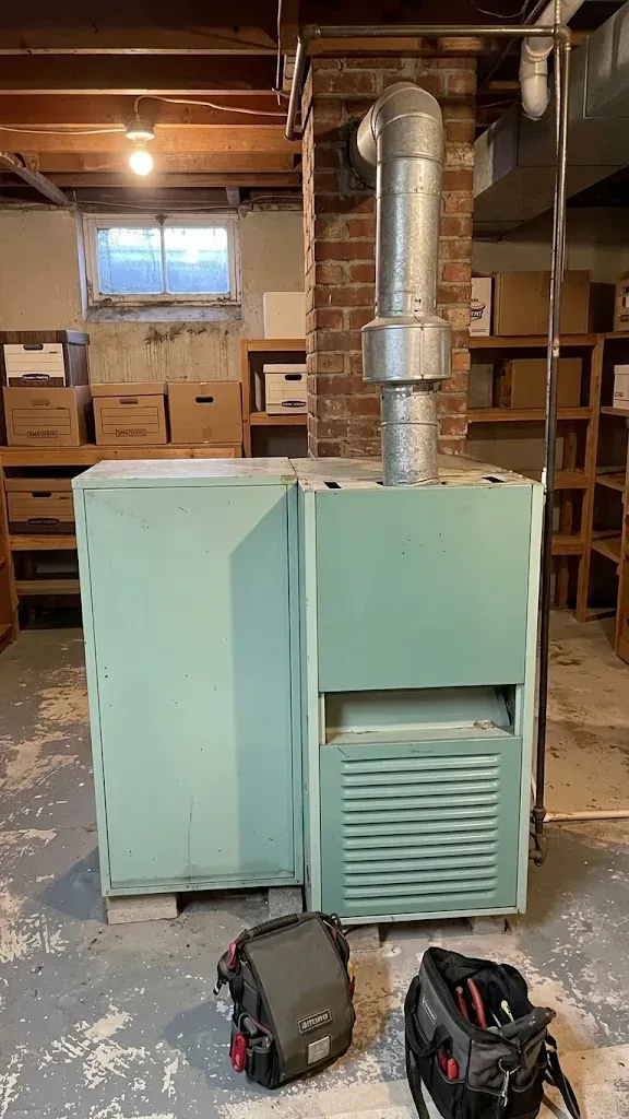 A pale green 1960s gas furnace with a steel exhaust pipe in an unfinished basement