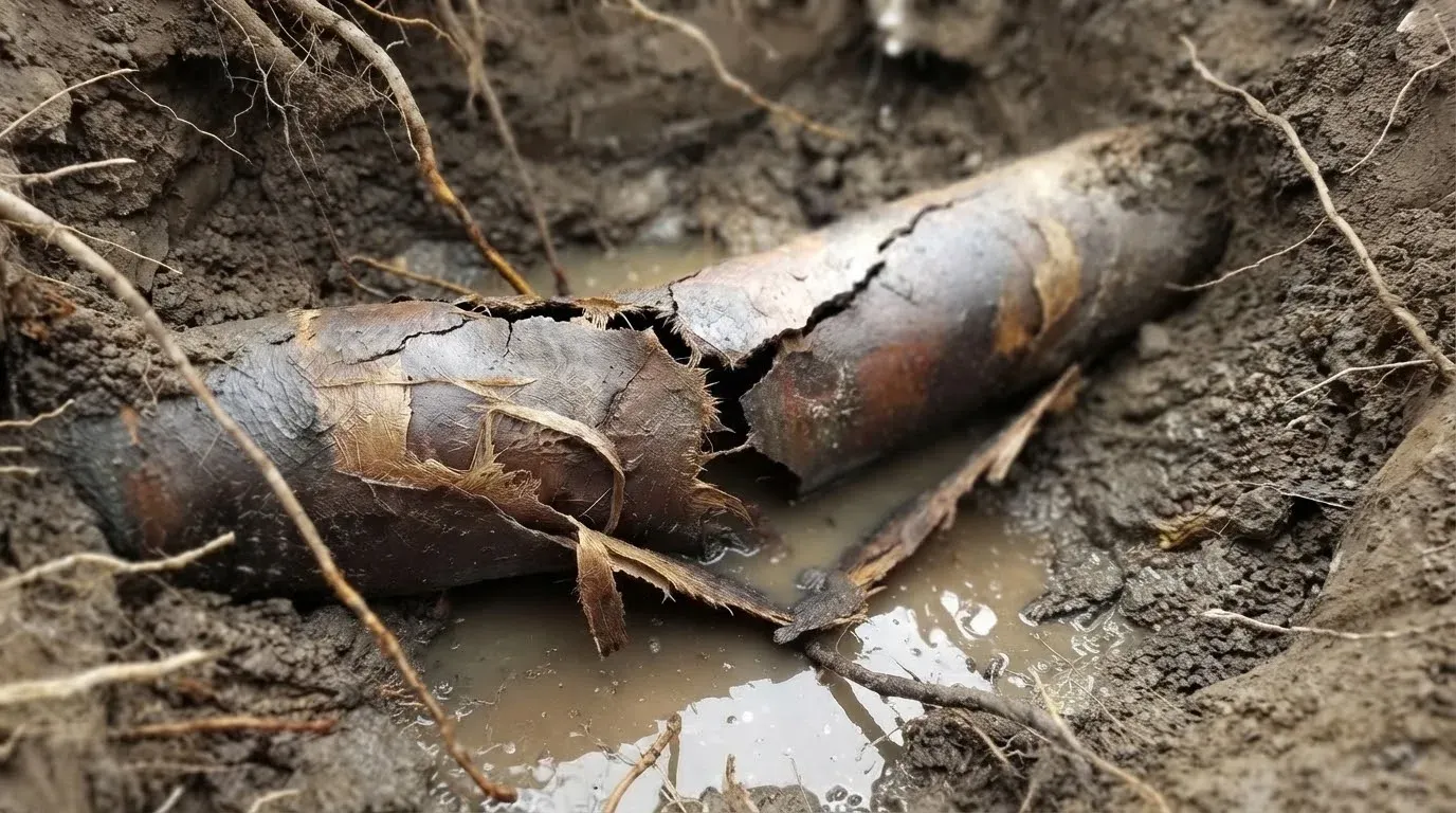A length of old Orangeburg fiber sewer pipe in a muddy trench, split open with peeling layers of tarred fiber