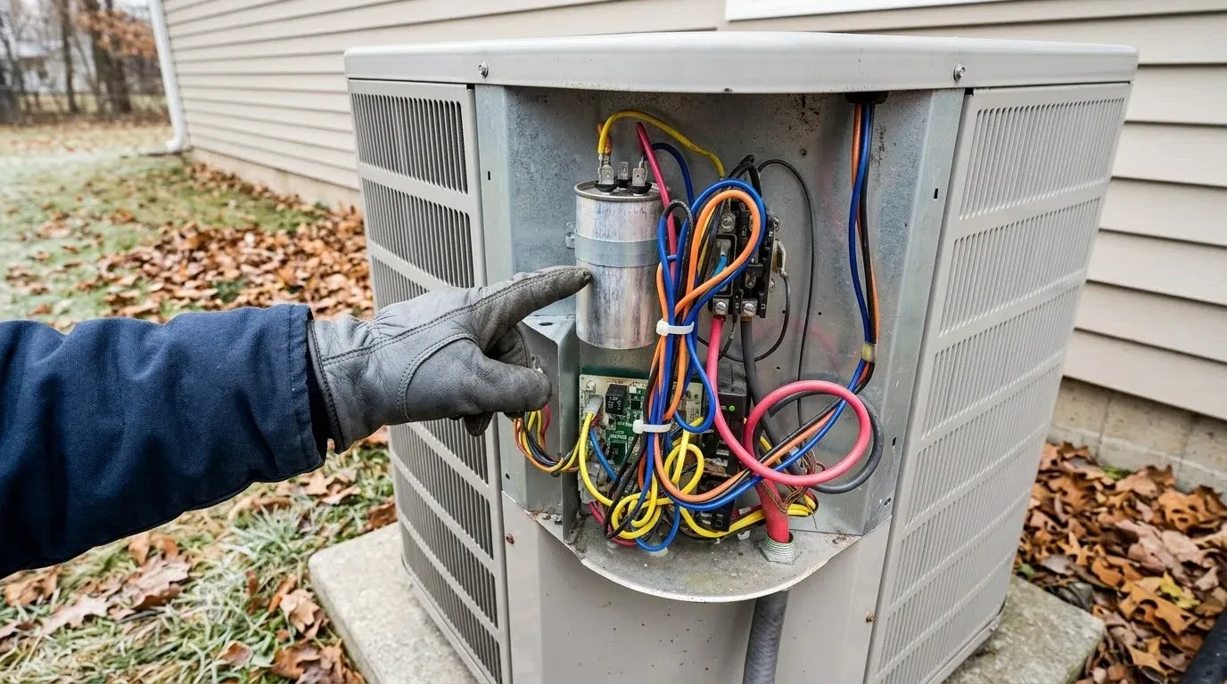 A gloved finger pointing at the silver capacitor inside the open control panel of a heat pump outdoor unit, beside the contactor and colored wires