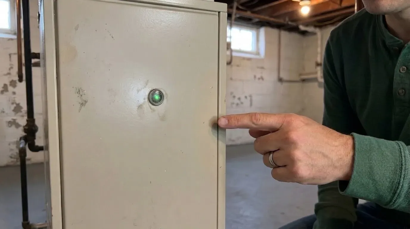A finger pointing at the small round sight glass in the lower door of a furnace, a green status light glowing behind it