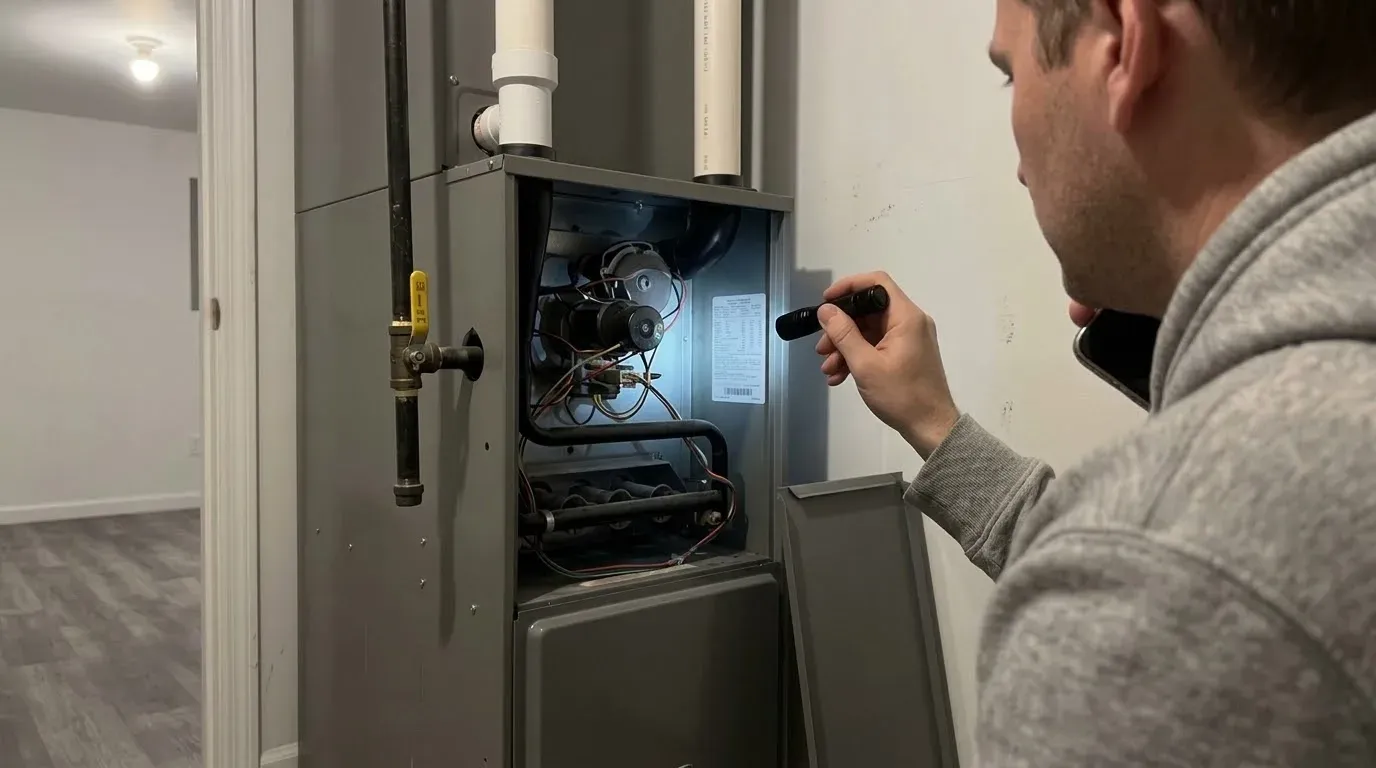 A homeowner in a grey hoodie on the phone at night, shining a flashlight on the rating label inside the open cabinet of a gas furnace