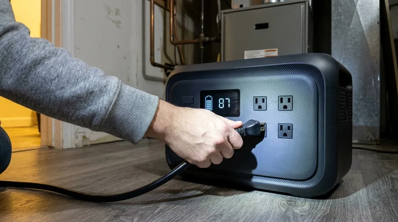 A hand plugging a cord into a portable power station on a utility room floor, its display showing a battery level, a gas furnace behind