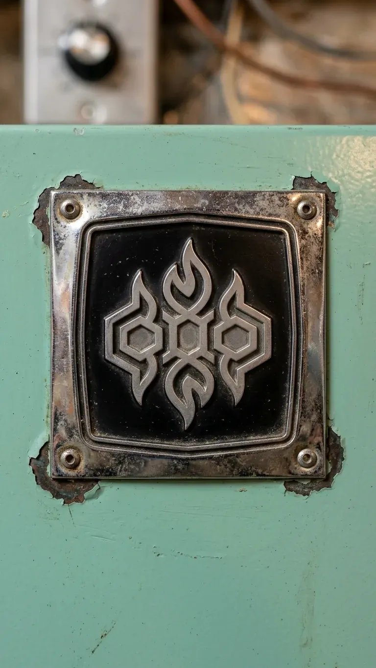 A vintage chrome and black brand badge riveted to the green cabinet of an old furnace